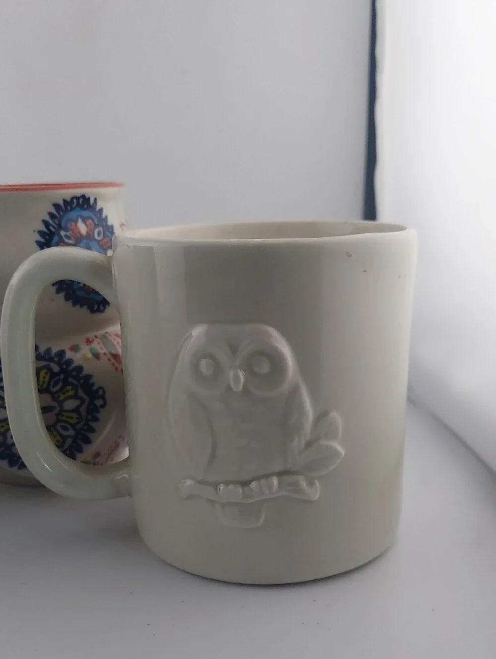 Vintage Owl Mug Set - Blue, White, Cream with Coral Accent
